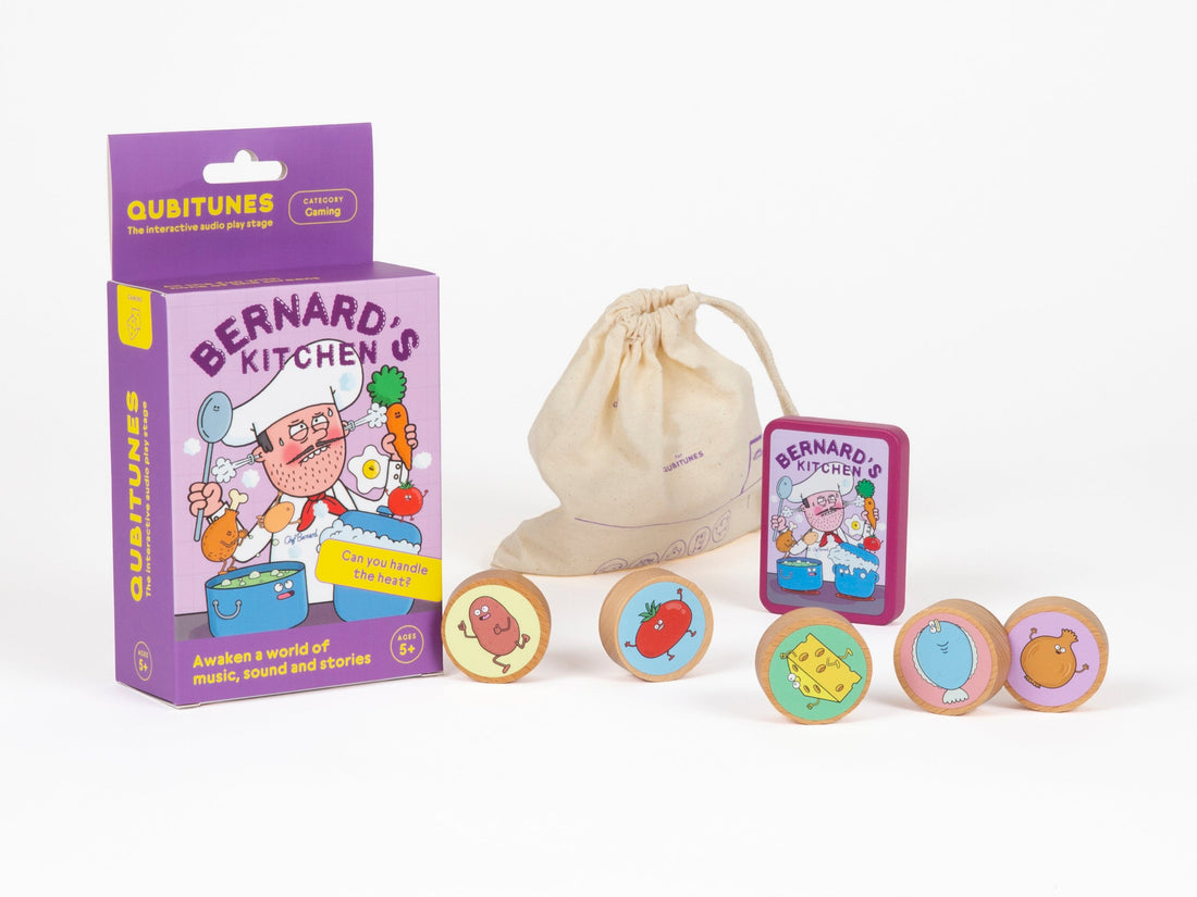 Bernard’s Kitchen žaidimo dėžutė, medžiaginis maišelis, žaidimo kortelė ir penkios medinės maisto kaladėlės